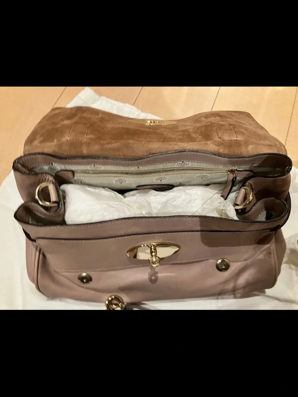 Mulberry Taupe Braided-Handle Satchel with Gold Hardware
